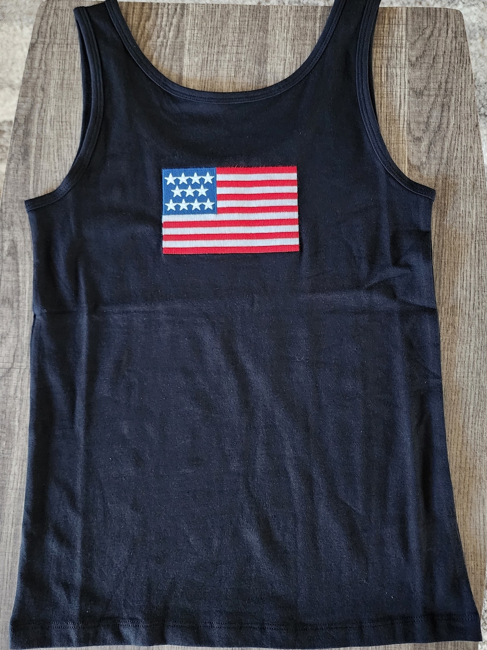 Black Tank Top with Embroidered American Flag. Not Ribbed.